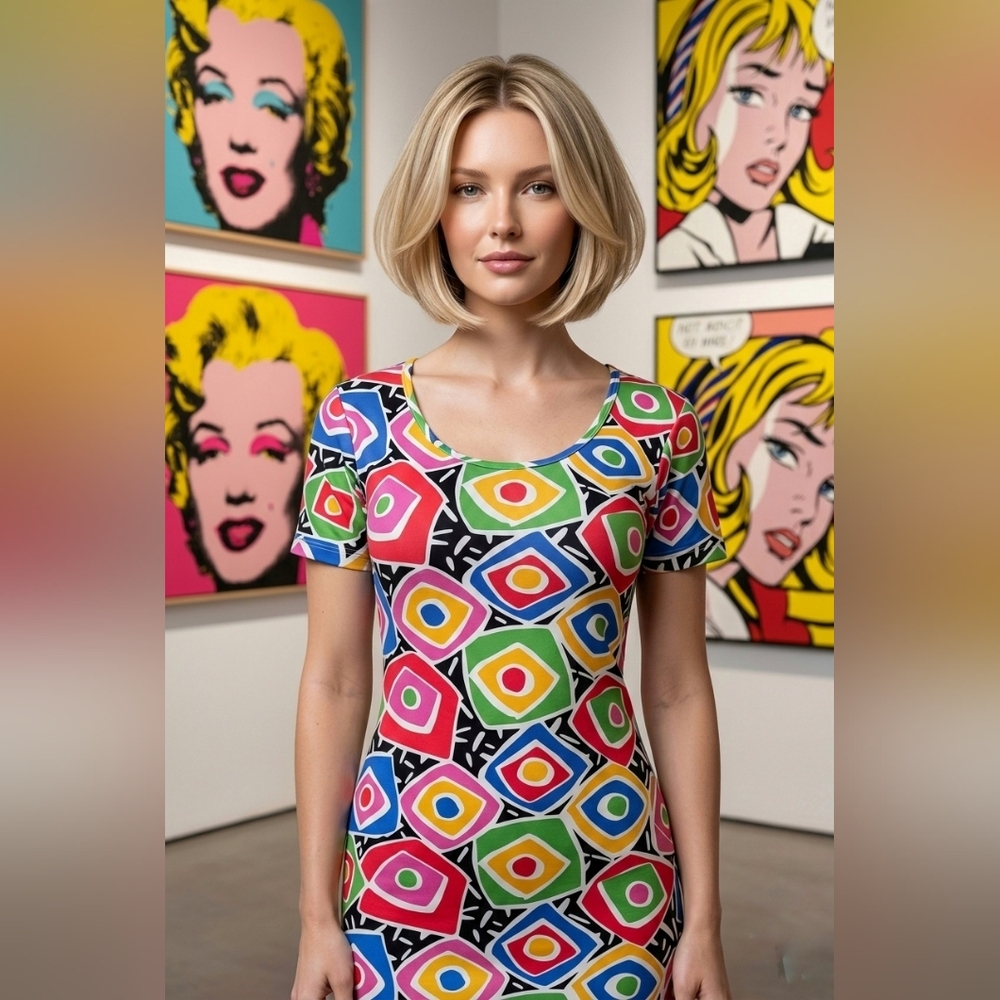 VTG Express Tricot Abstract Phicodelic Mini Dress Dopamine Pop Artsy LG